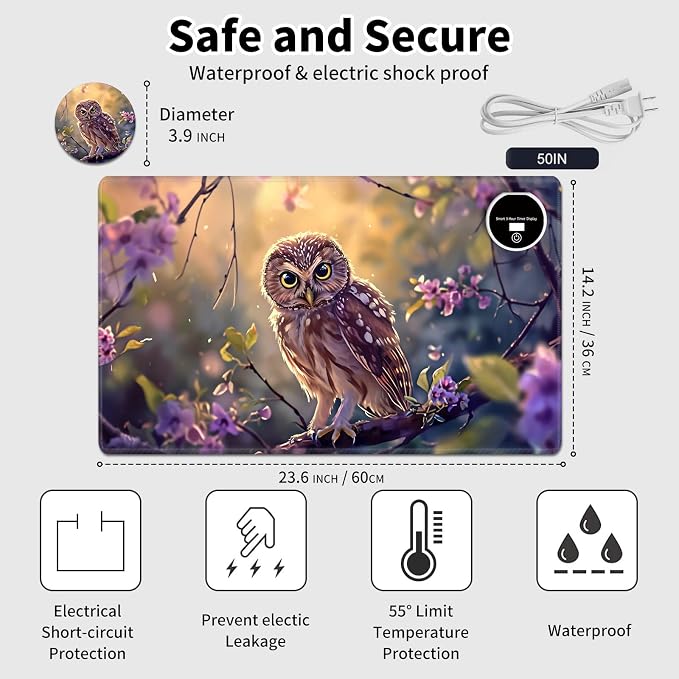 Heated Desk Pad Mouse Pad,Heated Desk Mat,with 3 Heating Levels & 3 Hours Auto Shut-Off,Leather 23.6"*14.2" Gaming Mouse Laptop Mat,Foot Warmer,Cute Owl Purple