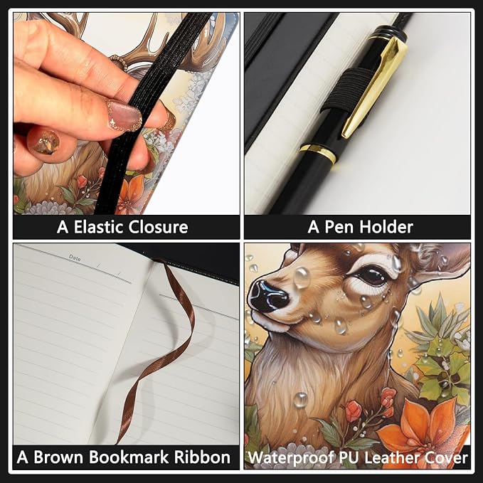 A5 Leather Lined Journal Notebook, 200 Pages Hardcover Executive Notebook for Men Women Office School Note Taking, Thick Writing Paper Daily Journal with Bookmarks/Indexes, Deer Red Flower