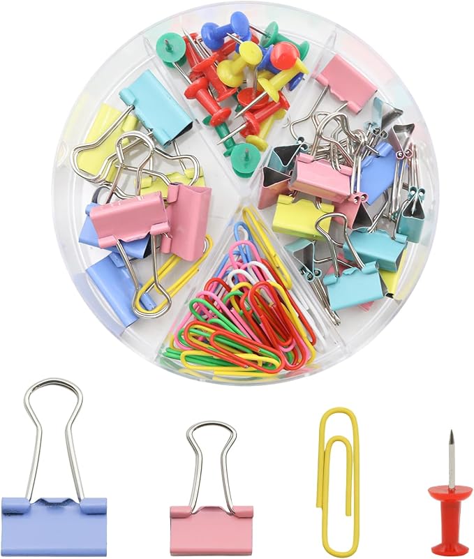 Office Supplies Set, Paper Clips, Push Pins and Binder Clips Set with Box for Office, School and Home(Mixing Colors)
