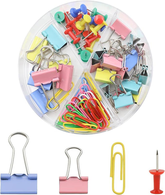 Office Supplies Set, Paper Clips, Push Pins and Binder Clips Set with Box for Office, School and Home(Mixing Colors)