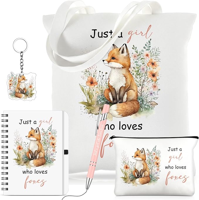 Kinlop 5 Pcs Foxes Gifts for Women Include Just a Girl Who Loves Foxes Tote Bag Canvas Cosmetic Bag Coil Notebook Keychain and Ballpoint Pen for Women Girls