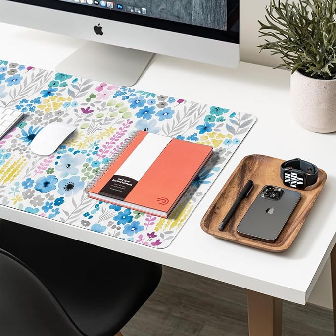 Flower Large Mouse Pad, Floral Desk Matt for Desktop, PU Leather Waterproof Desk Pad, Computer PC Laptop Protector Gaming Mouse Pads for Women Office Decor (27.5" x 13.8")
