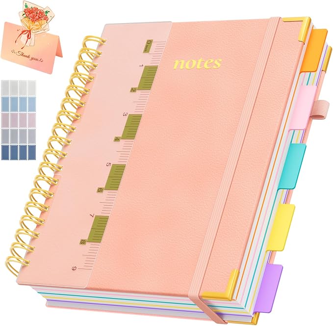 XYark B5 Hardcover Spiral Notebook, 5 Subject Notebook 300 Pages, 8"x10" College Ruled Notebooks with Removable Dividers Tabs & Ruler & Card, Lined Journal for Women Men School Work Office, Light Pink