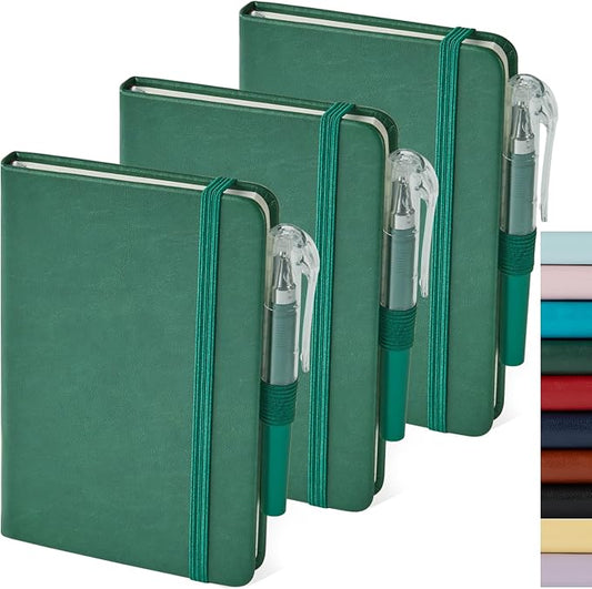 NIRMIRO 3 Pack Pocket Notebook Journals, Mini Small Leather Lined Journal Notebooks for Note Taking, Small Notepad with Pen Holder, Dark Green