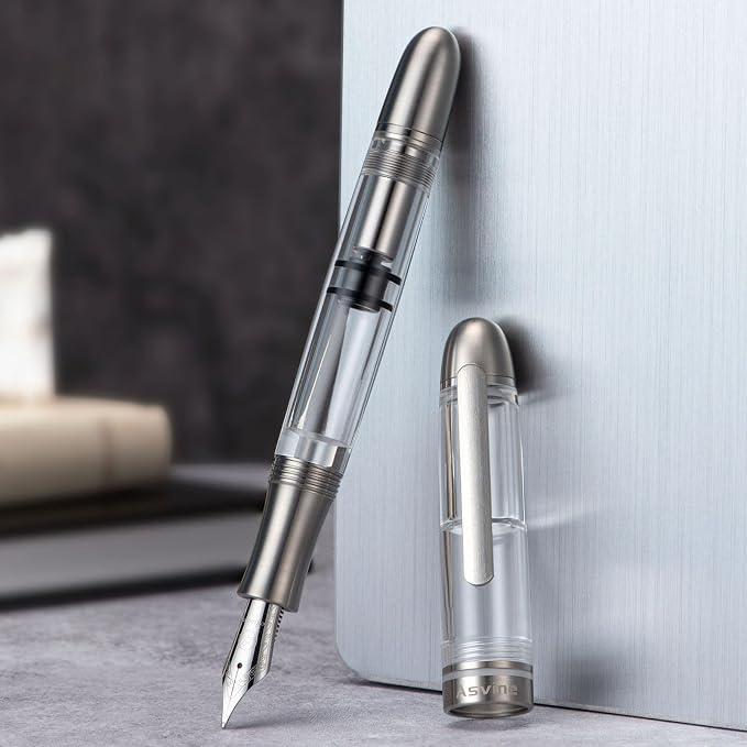 Asvine P36 Titanium Fountain Pen Piston Filling, Iridium Medium Nib Clear Transparent Acrylic Smooth Writing Pen Case Set