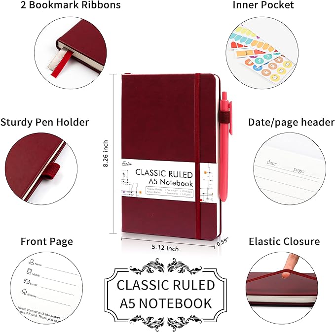 feela 3 Pack Notebooks Journals Bulk with 3 Black Pens, A5 Hardcover Notebook Classic Ruled Lined Journal Set with Pen Holder for Work Business Journaling Note Taking, 120 GSM, 5.1”x8.3”, Wine