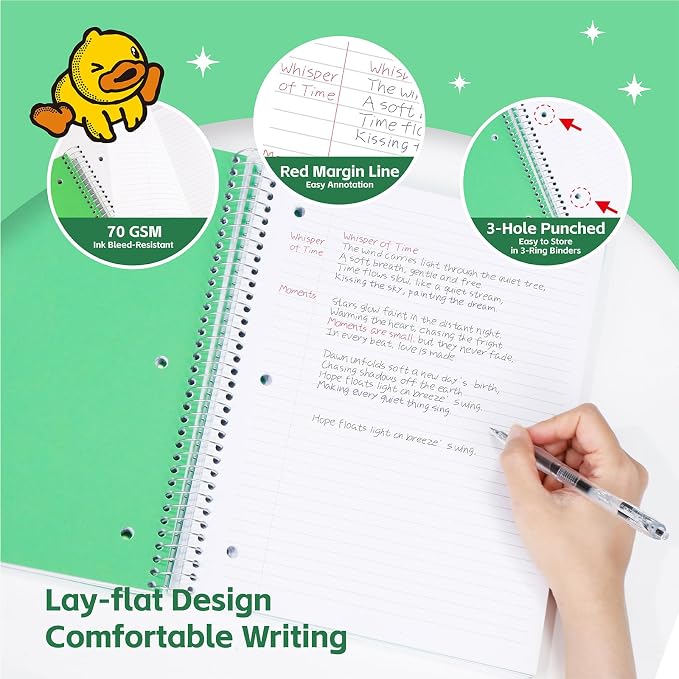Comix Plastic Cover 5 Subject Notebook, 200 Sheets 8-1/2" x 11" College Ruled Notebook with 5 Divider for Office/School/Home, Green