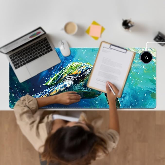 Heated Desk Pad Large Mouse Pad 31.5 x 13 inch with 3 Levels Heating & Auto Shut-Off Warm Mouse pad PU Leather Computer Mousepad for Home Office Work - Colorful Turtles