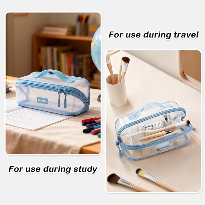 CICIMELON Transparent Mesh Pencil Pouch with Handle Big Case Clear Pen Bag College Essentials School Supplies, Light Blue