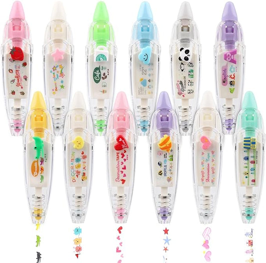 NQEUEPN 12pcs Decorative Tape Pen, Cute Animals Press Type Decorative Pen Tape Roller Pen DIY Creative Cartoon Correction Tape for Boy Girls Gift Teacher Class Rewards (12 Themes)