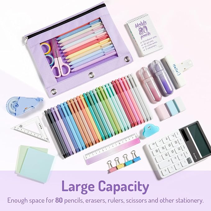 Forvencer Pencil Pouch for 3 Ring Binder, Pastels Pencil Case with Smooth Zipper, Cute Soft Pen Bag with Clear Window & 3 Reinforced Grommets, Big Capacity Binder Bag, School Office Supplies, Blue