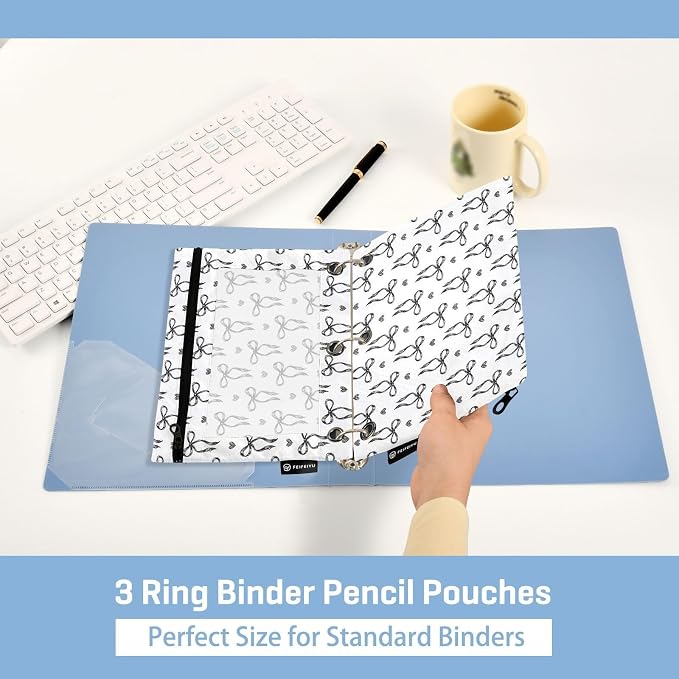 Gredecor 3 Ring Binder Pencil Pouch, Sketched Ink Bows Hearts Zippered Pen Case Pouches with Clear Window, 2 Pack Stylish Office & School Supplie
