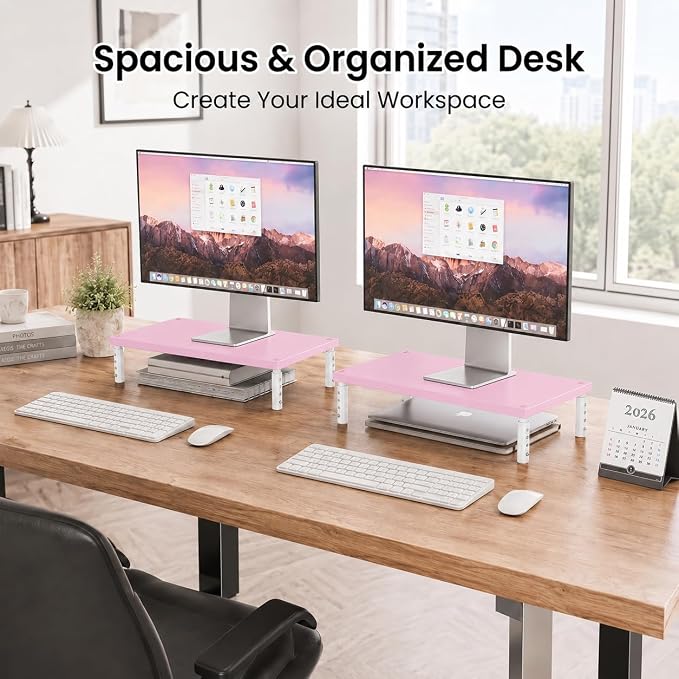 OPNICE Adjustable Computer Monitor Stand Riser for Desk, Desk Organizer & Office Decor for Women, Laptop Stand, Office Desk Accessories & Workspace Organizers for Home Office, Pink Wood