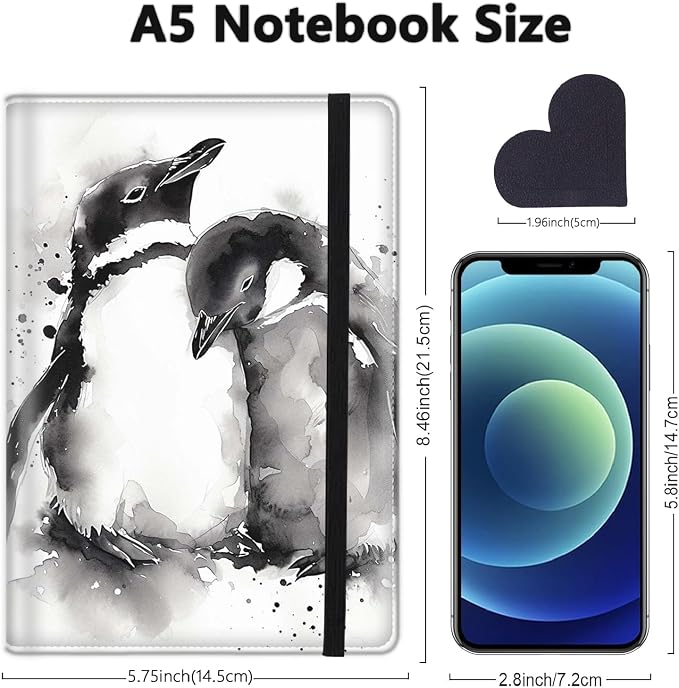 A5 Leather Lined Journal Notebook, 200 Pages Hardcover Executive Notebook for Men Women Office School Note Taking, Thick Writing Paper Daily Journal with Bookmarks/Indexes, Penguin Watercolors