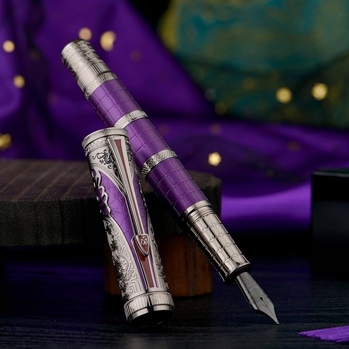 Hongdian D5X Fountain Pen Purple Color Medium Nib, Qin Dynasty Retro Chinese Totem Engraving Smooth Writing Pen with Converter and Pen Box Set