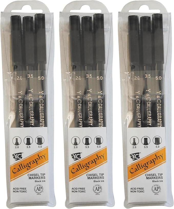 Yasutomo - NSC603A Y and C Water Based Calligraphy Markers, Chisel Tip, Assorted Sizes, Black, Pack of 9-443609