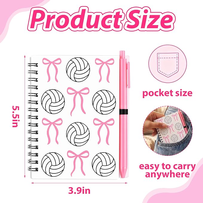 Engrowtic 20 Set Pink Volleyball Gifts, Volleyball Bow Notebooks with Pens Bulk Spiral Pocket Notebooks Lined Journal with Pink Pens Gifts for Team Players Christmas Coach Cheerleader