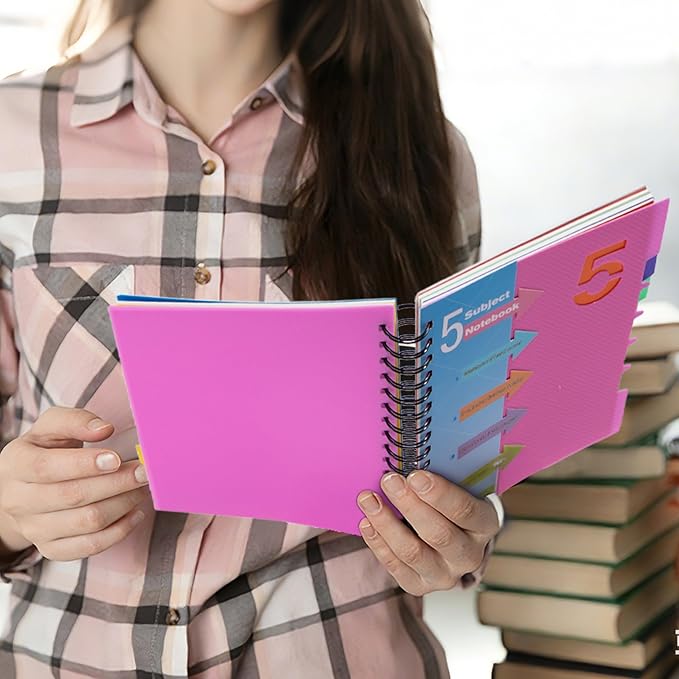 CAGIE 5 Subject Notebook, Small Spiral Notebook with Tabs, 6'' x 8'' | Removable Dividers, 180° lay-flat, Portable, College Ruled, 240 Pages Note book, for School Work, Pink