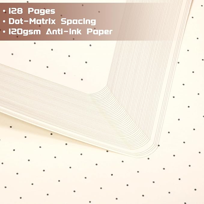 Dotted Journal/Notebook - Dot Grid Hard Cover Notebook, Premium Thick Paper with Fine Inner Pocket, Black Smooth Faux Leather, Pen Loop, 5.3'' x 8.26'' - Brown