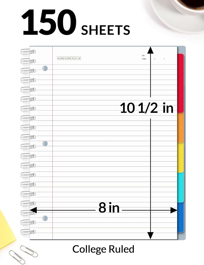 SUNEE Spiral Notebooks for Work with Removable Dividers & Tabs – College Ruled 5 Subject, 300 Pages, 3 Hole Punched, Durable PP Cover, 8"x10.5" – Notebooks for Office or School, Grey Blue