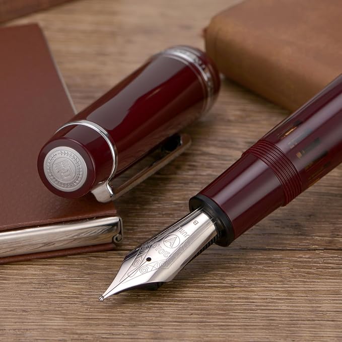 Wikult Yongsheng Junlai 930 Acrylic Fountain Pen, Size 9 Medium Nib with Piston Filling System, Wine Red Fence Ink Tank with Flat Top Design Smooth Writing Pen (Silver Trim)