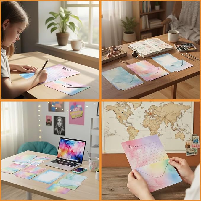FUNCLASS 160 Pcs Watercolor Stationery Set Letter and Envelopes | 50 Lined Stationery Paper and 50 Matching Envelopes , 5.5 x 8.25 Inches Letter Writing Stationery for Home, Office, School