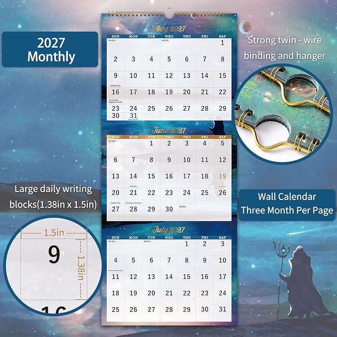 2027 Calendar - 3 Month Calendar 2027 Vertical Display (Folded in a Month) | Jan.2027 - Dec.2027, 11" x 26", 2027 Wall Calendar Large, 3 Month Wall Calendar 2027 Lay- Flat with To-do & Notes - Green
