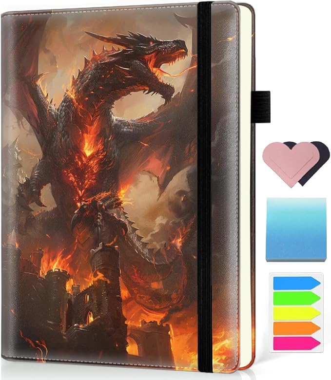 Hardcover Executive Notebooks, A5 PU Leather Lined Journal Notebook, 200 Pages Thick Paper Subject Notebooks for School,Work,Home Writing Business Notebook, Diary Book ，Fire Dragon
