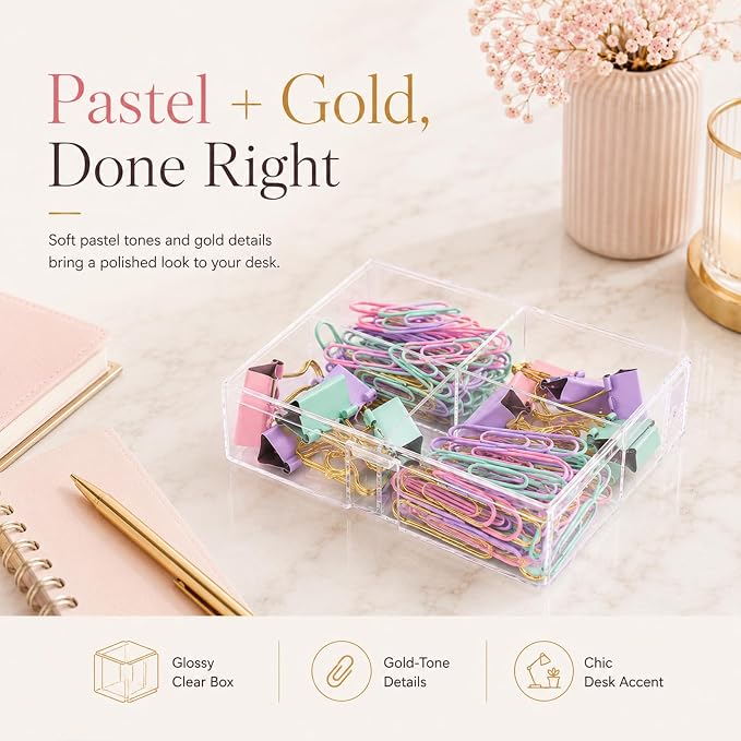 Pastel Paper Clips Binder Clips Set with Storage Box, 165 Psc, Assorted Size Decorative Office Clips, Cute Desk Accessories for School, Home Office, Planner, Journal and Documents