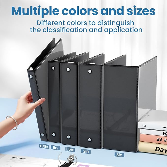 SUNEE 1/2 Inch Binders 3 Ring 10 Pack Bulk, PVC-Free Clear View Half Inch Binders (Fits 8.5x11 Inches) for School, Office & Home Use, Black