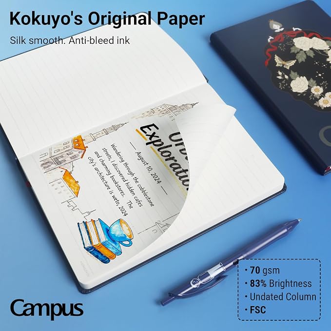 KOKUYO Lined Journal Notebook, A5 Hardcover Notebook for Women in 8mm Ruled, 100 Sheets Travel Journal in 5.5'' x 8'', Journaling, Writing, Work & Office, 70 GSM Japanese Smooth Paper, Navy
