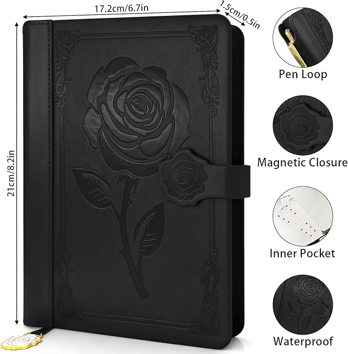 Aocii leather Journal for Women, A5 lined Daily Journal Notebook, Bullet Journaling for Writing, Hardcover Vintage Travel Journals, 224 Pages, Pen included (Black)