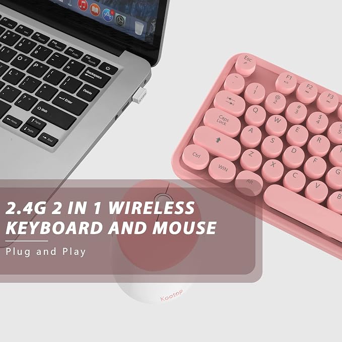Kootop Cute Wireless Keyboard and Mouse Combo for PC Laptop Desktop Pink | Cute pink Colorful Typewriter Retro Round Keycaps 104 keys for PC Laptop,Desktop,Windows,