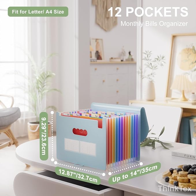ThinkTex Accordion File Organizer, 12 - Pocket Expanding File Folders | for Receipts, Bill&Taxes Organizer, Letter/A4 Size Document Holder for School, Office, Home with tabs-Light Blue