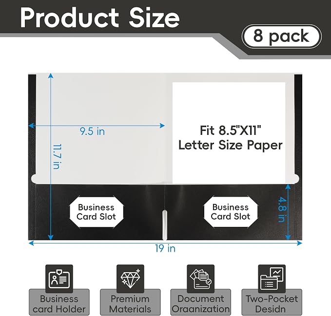 8 Packs Black Two Pocket File Folders,File Folder Letter Size,8.5x11Inches File Folders for Office,School and Home,Organizer File Folder