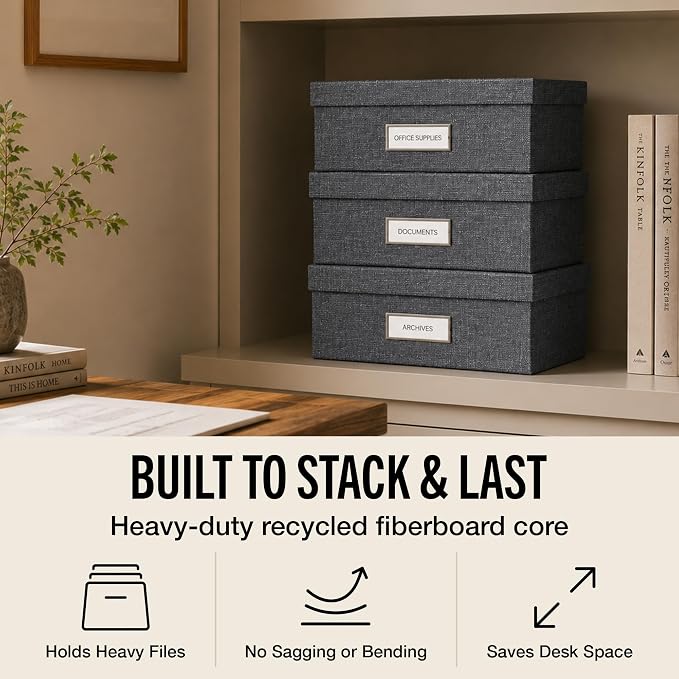 Bigso Oskar Canvas Fiberboard Document Letter Box for Important Paperwork A4 or Letter Size - Durable Keepsake Box with Lid and Metal Label Holder - 3.3in x 10.2in x 13.8in - Melange Grey