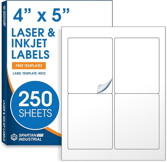 4" X 5" Matte White Printable Shipping Labels (250 Sheets, 1000 Stickers) | Address and Mailing Labels for Laser & Inkjet Printers - Spartan Industrial Template R022
