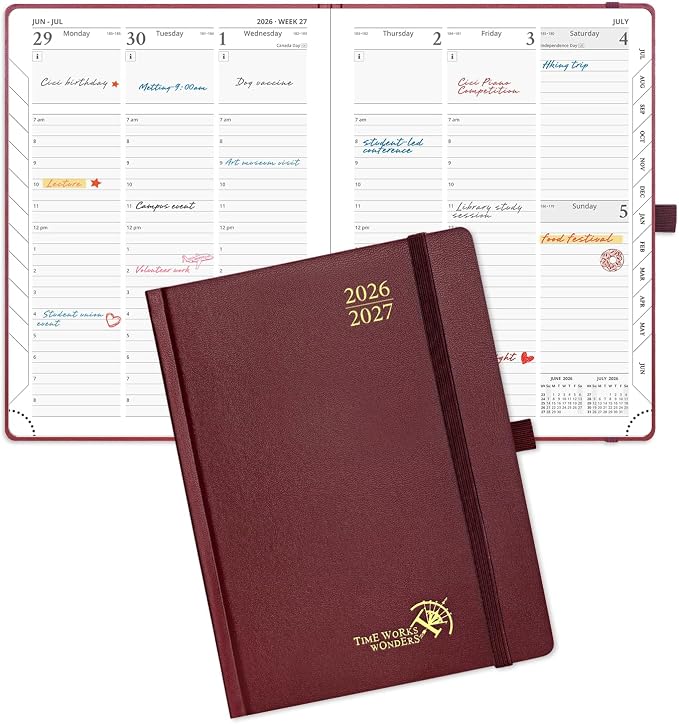 POPRUN 2026-2027 Academic Planner, 6.5" x 8.75", Weekly and Monthly Calendar, July 2026 to June 2027, Hardcover Appointment Book with Vertical Layout, Hourly Time Slots, Monthly Tabs - Burgundy