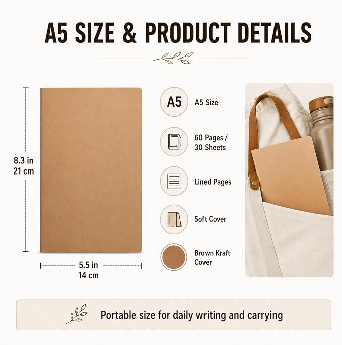 Mimorou 100 Pcs Journals Notebooks Bulk - Kraft Softcover A5 Small Notebooks 5.5 Inch x 8.3 Inch Notepads with 60 Page 30 Sheet for Writing Sketch Travel Office Supplies(Brown,Lined)
