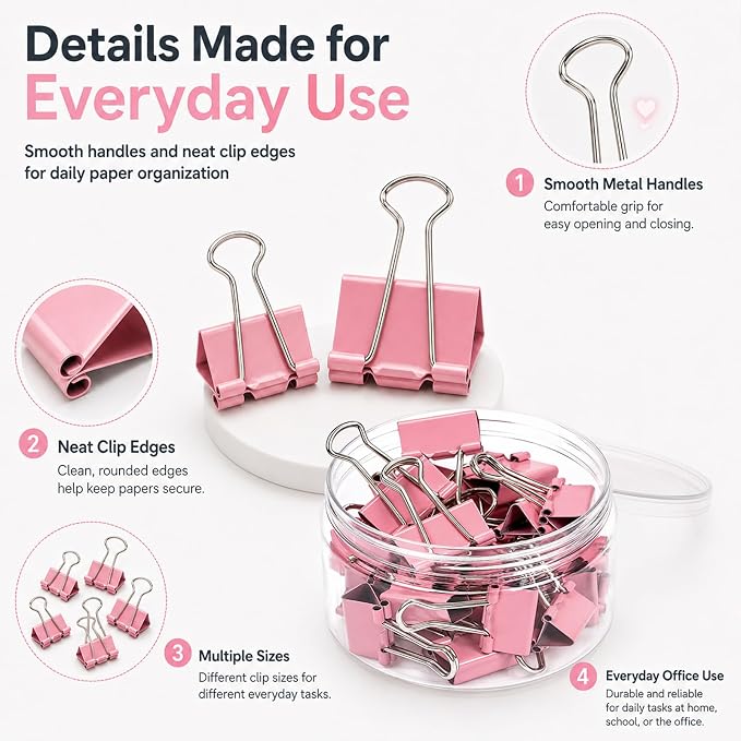 Binder Clips Assorted Sizes, Morandi Colors, Durable Metal Binder Clips for Office, Cute Desk Supplies for Teachers Student (Pink - 1 Box)