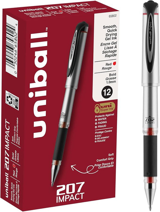 uniball 207 Impact Gel Pens, Bold Point (1.0mm), Red, 12 Pack