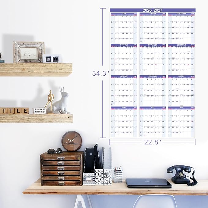 2026-2027 Yearly Wall Calendar - Calendar 2026-2027, July 2026 - June 2027 | Large Wall Calendar 26-27, 34.8"" x 22.8""(Open), Full Year Calendar Large, One Page Vertical with Round Stickers - Purple