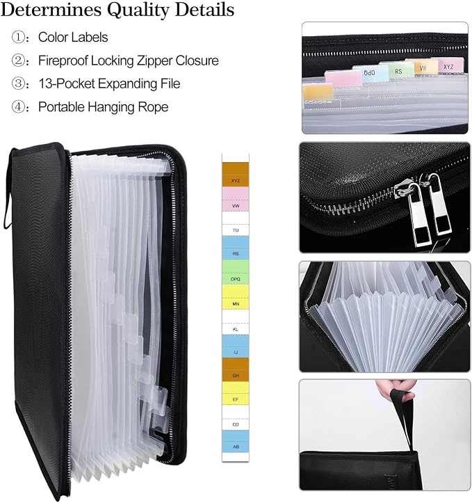 ENGPOW Expanding File Folder,Fireproof 13 Pockets Document Organizer Bag | Accordion File Organizer with Zipper＆Labels,Portable Home Travel Safe Storage for Important Files,Papers,Letter Size,Black