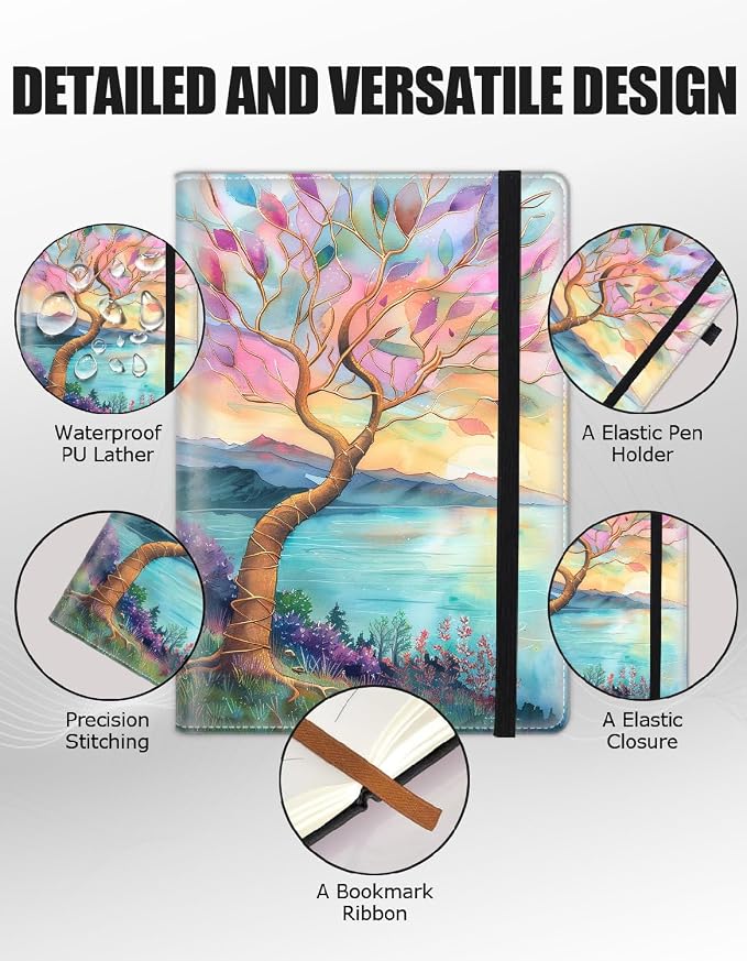 Hardcover Executive Notebooks, A5 PU Leather Lined Journal Notebook, 200 Pages Thick Paper Subject Notebooks for School,Work,Home Writing Business Notebook, Diary Book ，Watercolor Flower Tree