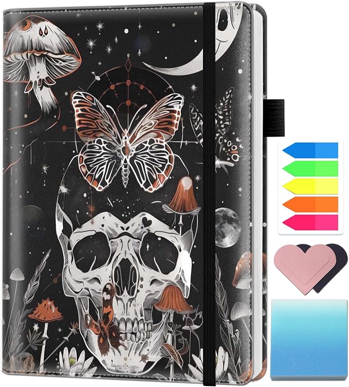A5 Leather Lined Journal Notebook, 200 Pages Hardcover Executive Notebook for Office School Note Taking, Thick Writing Paper Daily Journal with Bookmarks/Indexes, Moth Skull Skeleton Moon Phase