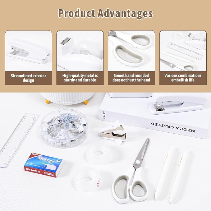 Gawsey White Desk Organizers and Accessories with Desk Organizer 360° Rotating Pen Holder and Office Supplies, Cute Stationery Supplies Set