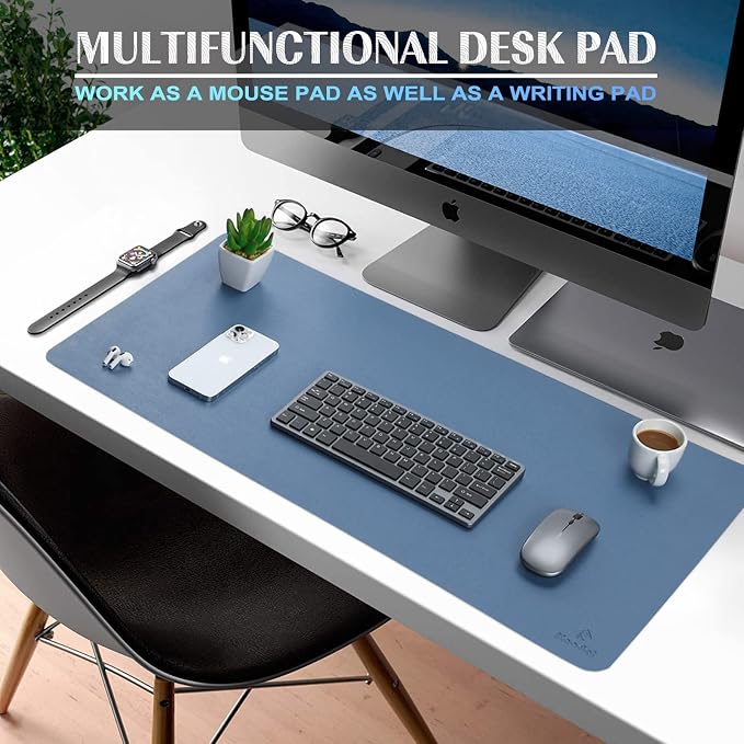 K KNODEL Large Office Desk Mat, Leather Mouse Pad (31.5"x15.7", Lake Blue) | Desk Pad, Keyboard Pad, Computer and Laptop Mat, Desktop Protector and Cover, Writing Pad and Blotter for Home Office
