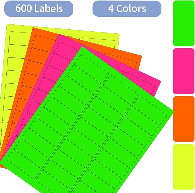 1" x 2-5/8" Colored Labels Stickers, Fluorescent Bright Moving Labels for Laser/Inkjet Printer Permanent Adhesive- 600 Pcs