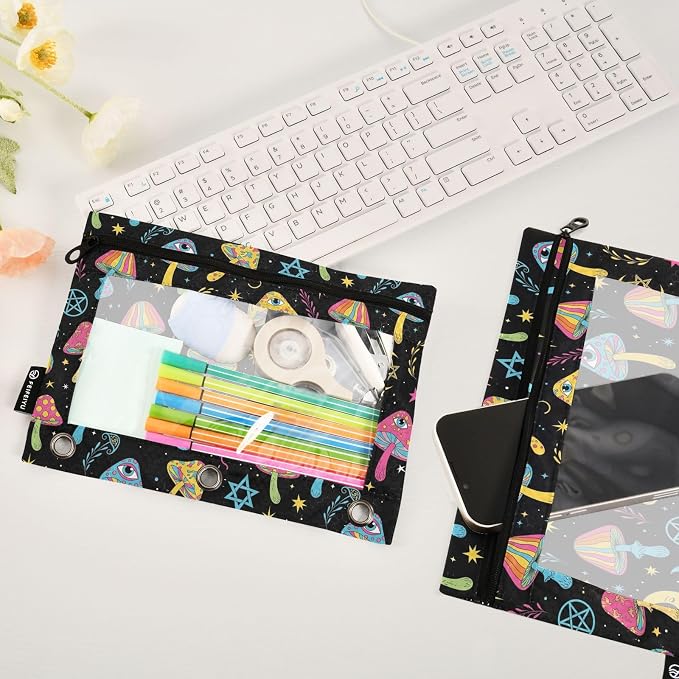 Mushroom Eyes Colorful Pencil Pouch for 3 Ring Binder 2 Pack Binder Pencil Case with Clear Window Pencils Bags with Zipper for Office School College Supplies