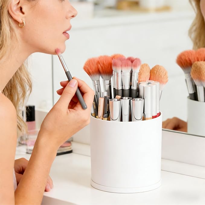 Yieach Rotating Acrylic Makeup Brush Holder for Vanity,Bathroom Countertop,Round Makeup Brushes Organizer,Spinning Cosmetic Brushes Holder,Make up Brush Storage and Office Desk Pen or Pencil Cup,White